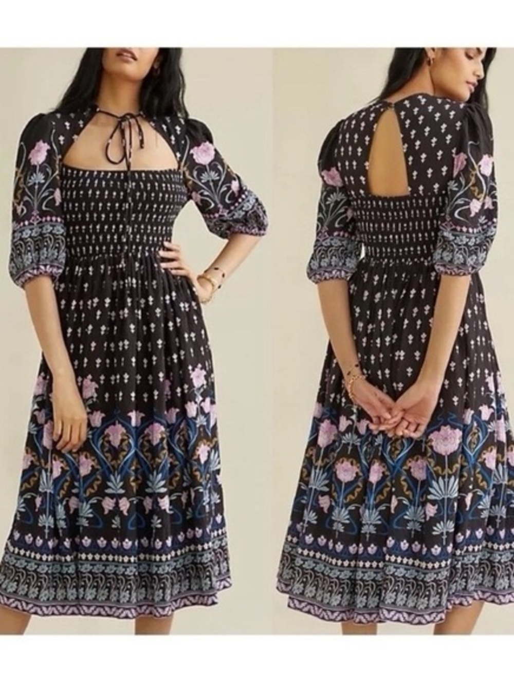 Anthropologie Black Floral Smocked Midi Dress with Pastel Accents